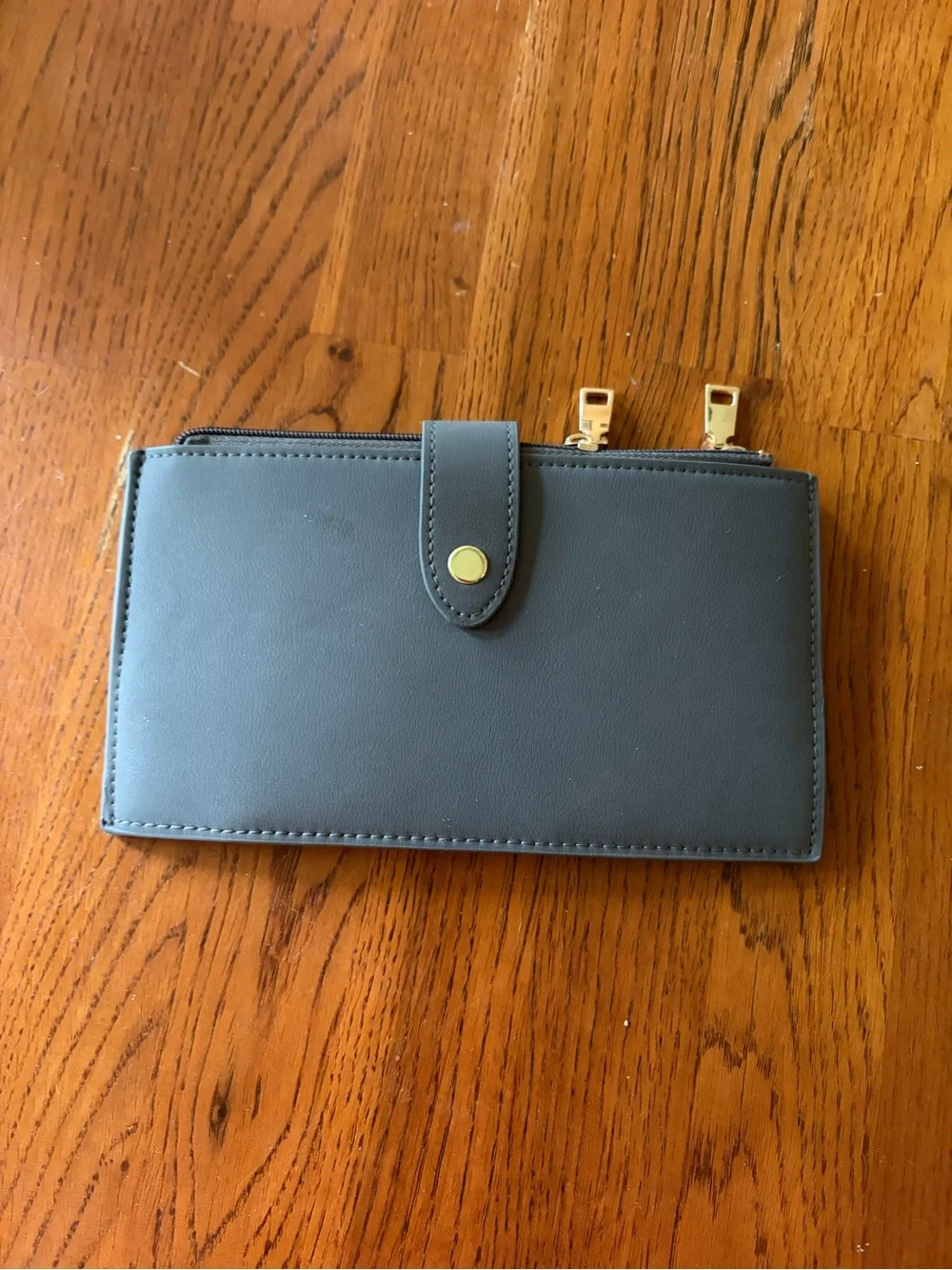 Compact Gray Wristlet Clutch with Gold Hardware